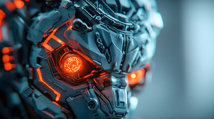 Poster - Intricate robotic face with glowing orange accents and intense eyes. Perfect for futuristic sci-fi concepts or mechanical illustrations. A great option for game design.