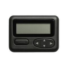 retro personal communication device, black plastic pager with grey lcd screen and operational button