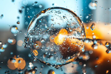 Poster - a macro shot capturing water droplets and a large bubble with a vibrant bokeh background. it's ideal