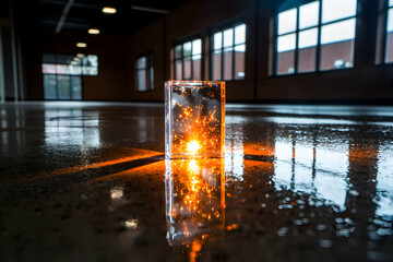 Poster - A glowing rectangular object reflects on a wet surface. The scene is indoors with windows. It could be used to create visual art or for special effects.