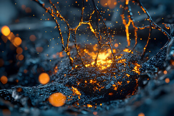 Poster - Abstract art showcasing glowing lava emerging from dark textured rock. It could be used for sci-fi concepts or fiery visual designs. Great for dynamic backdrops.