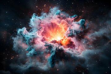 Poster - A mesmerizing cosmic nebula bursts with vibrant colors and celestial wonder. This artwork is ideal for space-themed decorations or digital art projects.