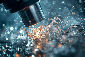Poster - Macro photograph of water droplets creating a splash. It showcases fluid dynamics and is suitable for scientific research or artistic expression. It is also perfect for advertising products that invol