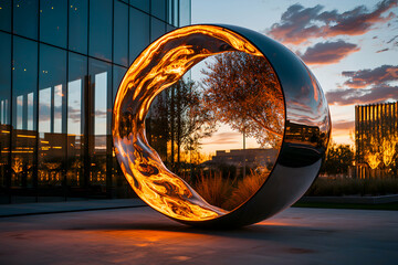 Poster - A stunning illuminated sculpture reflecting a sunset scene. It adds beauty and visual interest to the modern architectural setting. Perfect for public art projects.