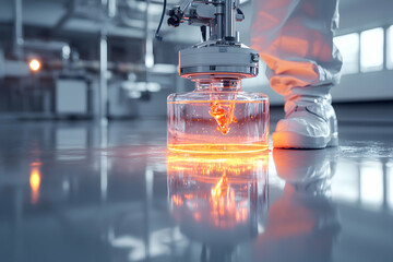 Poster - image depicts a sterile laboratory setting with glowing liquid. this scene suggests scientific resea