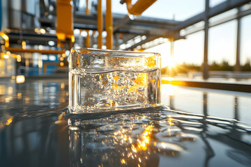 Poster - A glass of water sits on a reflective surface. The background is an industrial setting with golden sunlight shining through. Suitable for advertisement of purity and freshness.