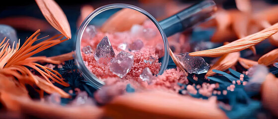 Poster - An artistic macro shot showcases crystalline structures in a bowl surrounded by organic elements suggesting science art or natural designs. Ideal for visuals.