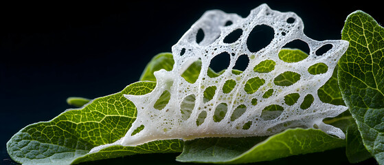 Poster - A delicate white lacework structure sits atop vibrant green leaves. The organic forms suggest a natural sculpture perfect for botanical studies or artistic displays.