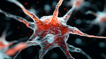 Poster - a close-up illustration of a neuron cell with branching dendrites and a vibrant red core conveying n