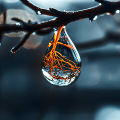 Poster - a striking macro shot captures a water droplet reflecting intricate branch details evoking nature's 