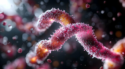 Poster - A microscopic view of a virus structure in shades of red and orange. Suitable for scientific educational presentations or medical illustrations.