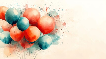 Fototapete - Celebratory Watercolor Balloons Design: Festive Artwork for Parties and Special Occasions, Vibrant Color Palette, Unique Artistic Expression, Copy Space Available