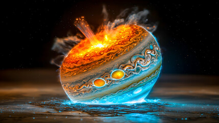 Poster - Jupiter explodes in a cosmic spectacle. Use this fiery image for space themed art posters or wallpapers creating a universe aesthetic for visual impact.