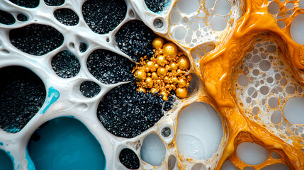 Poster - Abstract art piece with bubbly textures featuring vibrant colors gold white black and blue. Ideal for artistic prints decor or digital backgrounds.