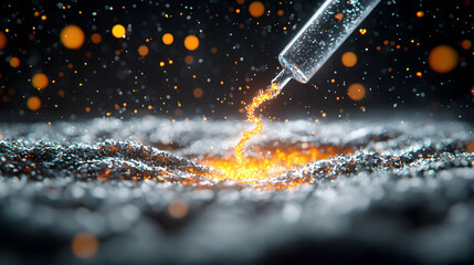 Poster - An artistic image depicts a liquid dropping into a surface with glowing particles and bokeh. Great for science technology or abstract visual content