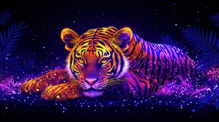 Poster - neon tiger in dark space digital artwork vibrant wildlife illustration exotic feline creature with g