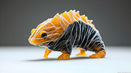 Poster - A whimsical sculpture of a lizard crafted from fibrous material. Perfect for art projects or imaginative displays evoking nature and fantasy. A unique decorative piece.