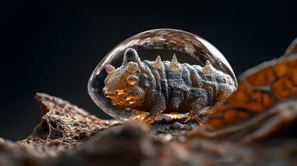 Poster - A unique microscopic creature enclosed in a protective bubble. It could be an interesting design for science fiction or conceptual artwork.