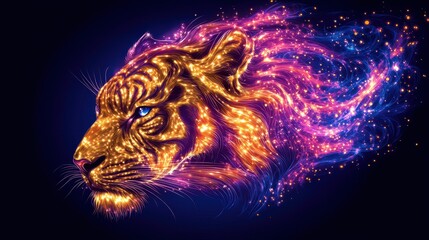 Wall Mural - Vibrant ethereal tiger portrait blending cosmic elements and abstract artistry showcasing a fierce expression against a deep dark background with galaxy influence
