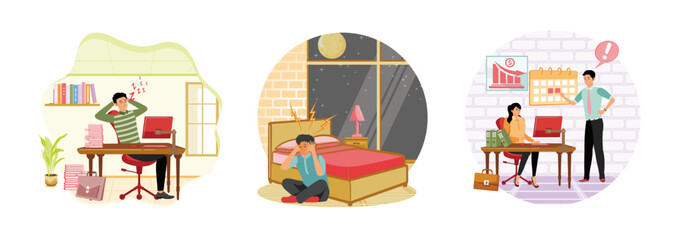 Poster - Sleep deprivation concept. Sleep behavior disorder. Work pressure.