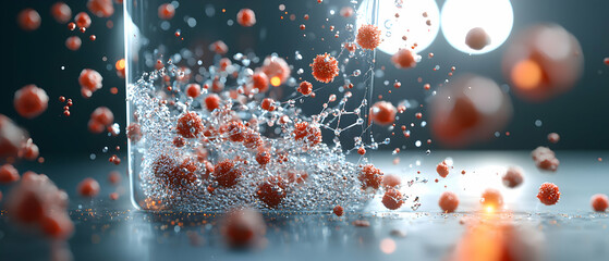 Poster - this image shows viruses emerging from a clear container in a scientific visual. it is suitable for 