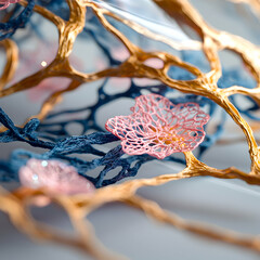 Fototapete - Abstract organic forms in gold blue and pink. Ideal for scientific visualizations medical illustrations or decorative art. Evokes cellular structures and growth.