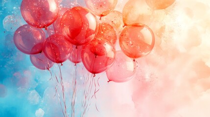 Fototapete - Celebratory Balloons in an Airy Watercolor Landscape, Perfect for a Festive Occasion or a Dreamy Artistic Backdrop, Ideal for Celebrations