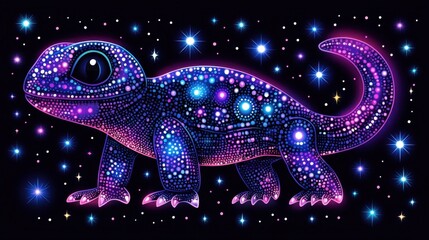 Wall Mural - Cosmic gecko artwork evokes celestial wonder with vibrant nebula accents, an ethereal constellation silhouette against a black backdrop creates mesmerizing reptilian nightscape fantasy.