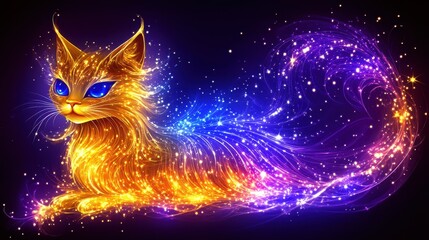 Poster - radiant feline astral being emitting cosmic energy with blue eyed ethereal glowing cat illuminating 