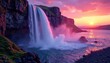 © Ningjing - Waterfall cascading down a purple rock face at sunset with misty atmosphere, rock face, misty atmosphere