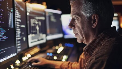 Senior Software Developer Working Late Hours on Computer Screens