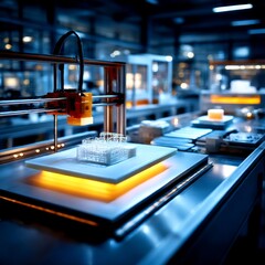 Fototapete - 3D Printing Innovation: Close-up of a modern 3D printer creating a complex architectural model in a high-tech lab setting.