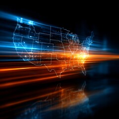 Poster - Futuristic USA Map with Glowing Trails, Data Flow Visualization, Abstract Technology Concept
