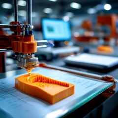 Fototapete - Precision Manufacturing: 3D Printing an Orange Prototype with Intricate Internal Structures on a Detailed Technical Blueprint