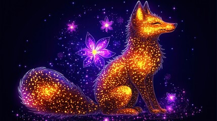 Wall Mural - Ethereal fox rendered in shimmering starlight against a night sky backdrop digital art whimsical animal illustration celestial design dreamlike magic cosmic