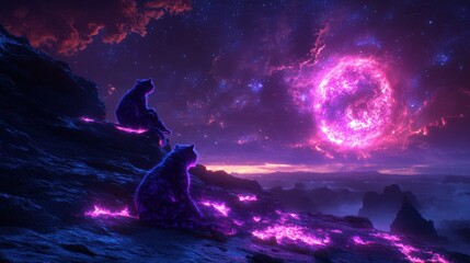 Wall Mural - Majestic cosmic vista featuring enigmatic feline observers set against a brilliant nebula backdrop evokes a sense of wonder and mystery amidst the celestial sphere