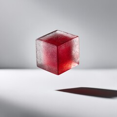 Poster - Suspended translucent red cube with subtle textures floating above a plain surface