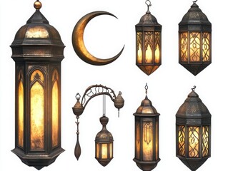 Poster - An Eid lantern and crescent pack isolated on white.