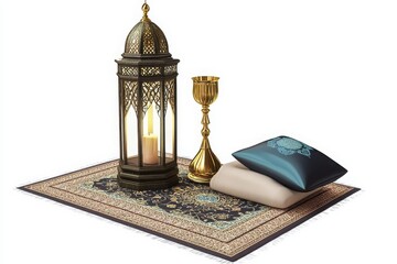 Poster - Isolated white background featuring Eid lantern and prayer set.