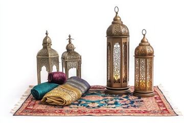 Poster - An Eid lantern and prayer set is isolated on white.