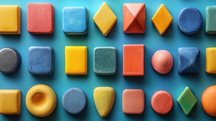 Poster - Vibrant Geometric Shapes Arranged in a Playful Pattern on Light Blue Surface, ideal for playful design background