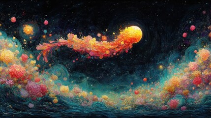 Wall Mural - Nebulous Jellyfish Constellation Digital Artwork Featuring Cosmic Ocean with Floating Lights and Sparkling Particles, Artistic Exploration Of Underwater Wonders