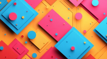 Fototapete - Vibrant Composition of Geometric Shapes with a Dynamic Arrangement of Squares and Circles in Contrasting Colors