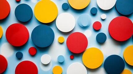 Poster - Colorful Geometric Arrangement: Vibrant Circles on Light Blue, Modern art and design background with diverse shapes and bright color palette