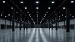 © farisky - Empty, vast, industrial space with rows of black columns and bright overhead lights