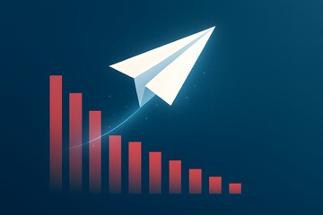 Poster - Paper Airplane Soaring Above Growing Bar Graph on Blue Background