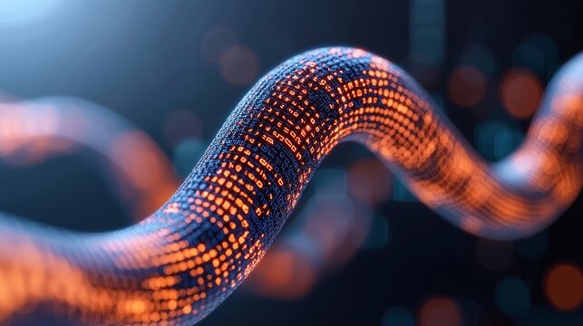 Abstract Glowing Data Stream Helix, Orange And Blue Particles Swirling In Dark Background