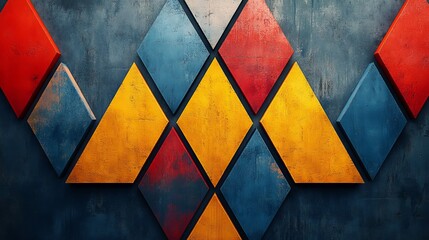 Poster - Textured Diamond Pattern with Vibrant Red, Yellow, and Blue Palette forming a striking visual arrangement on an artistic dark background