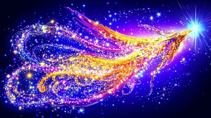 Poster - radiant cosmic entity hurtling through space with ethereal golden streams and vibrant purple hues ag