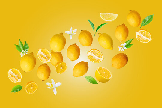Fruits, Lemons, flowers and leaves on yellow background